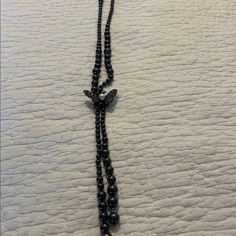 Dark Grey Beaded Necklace with Removable Butterfly Pendant. 22 inches folded